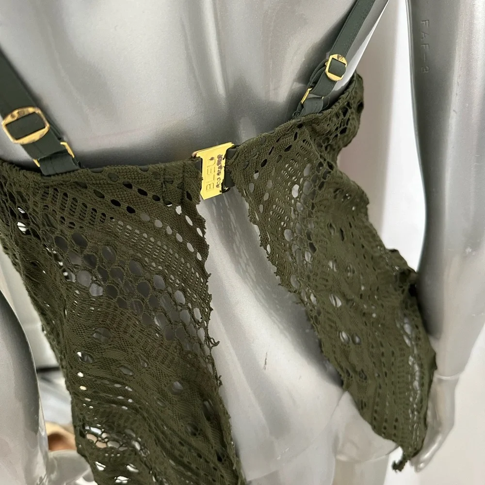 Women’s 2 Piece Swimsuit Bikini Size 12 crochet army green flawy top - Picture 6 of 13